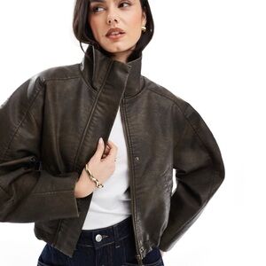 ASOS DESIGN funnel neck textured leather look bomber jacket in brown